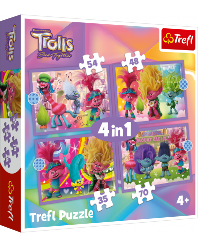 Пъзел Trefl 4 в 1 - Приключенията на цветните Тролчета - 1